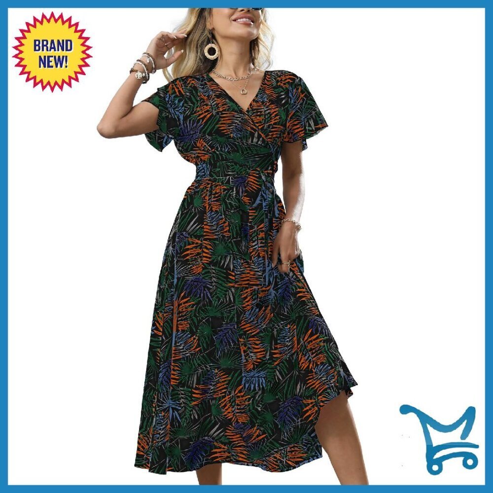 Boho Wrap Midi Dress V-Neck Ruffle Sleeve Floral Print Casual Beach